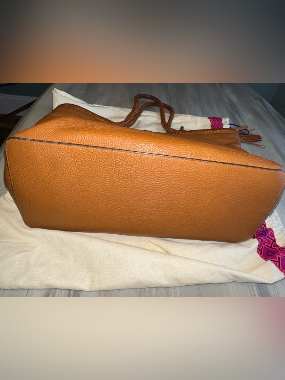 Tory Burch Taylor Leather Tote with Tassel, Cognac - Picture 9 of 13